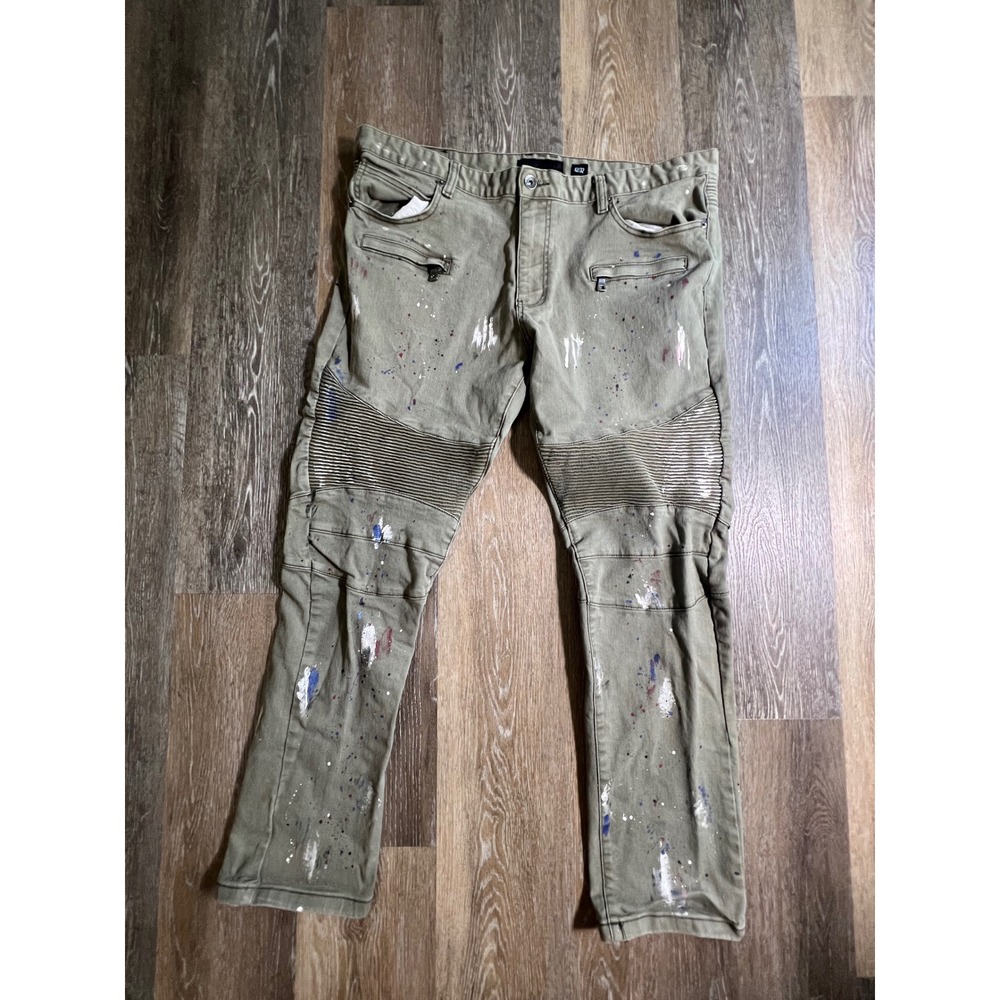 Decibel Moto Jeans Mens 42/32‎ Olive Green Paint Splatter Ribbed Biker Pants